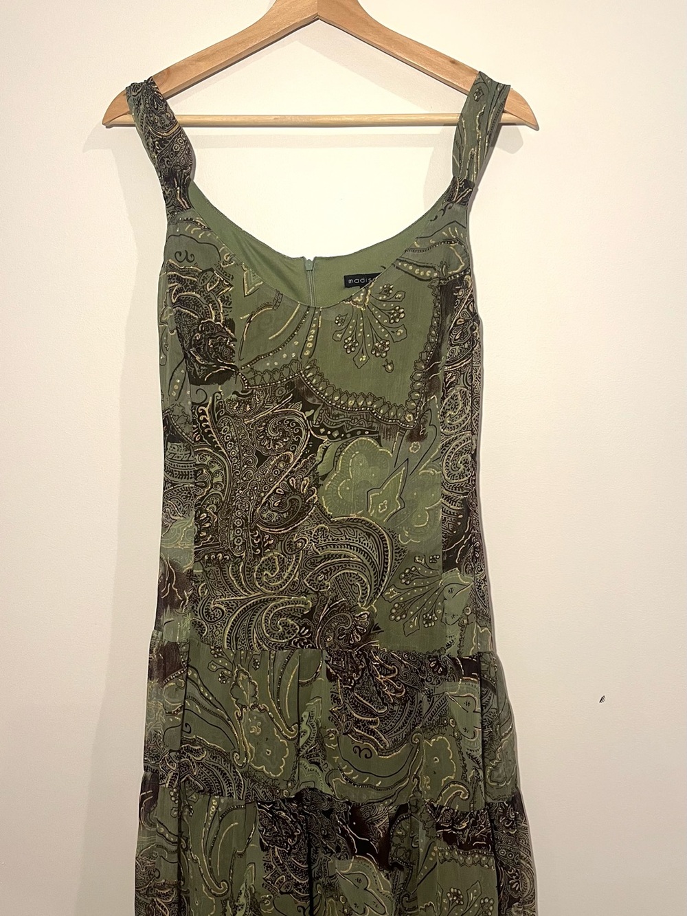 Vintage 90s Y2K Olive Green Paisley Tiered Maxi Dress - Picture 1 of 11